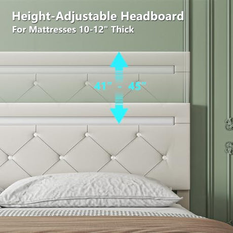 Forrise Bed Frame Full Size with LED Light and Storage Drawers, Adjustable Headboard with PU Leather Upholstered, 2 Sockets and 2 USB Ports, No Box Spring Needed,Wooden Slats Support, White. Forrise