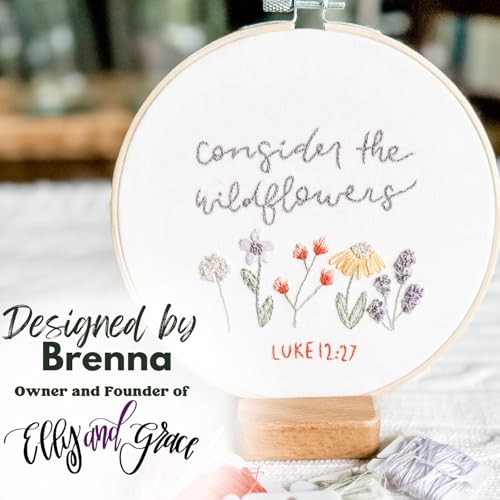 Elly & Grace Christian Embroidery Kit with Embroidery Hoop, Easy Embroidery Kit for Beginners and Adults, Full Embroidery Hoop Kit with Needles and Thread Included (Wildflowers)