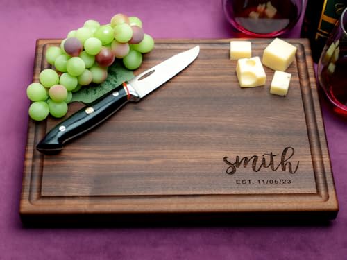 Straga Personalized Cutting Boards | Handmade Wood Engraved Charcuterie | Custom Wedding, Anniversary, Birthday Gift for Couples (Script Corner Straga
