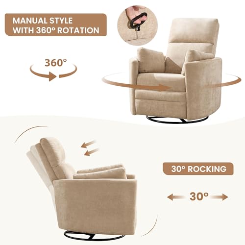 Manual Recliner 360°Swivel Glider Rocking Chair,Upholstered Nursery Adult Rocker Glider Chair with 2 Pillows for Living Room Bedroom(Khaki, Manual Operation)
