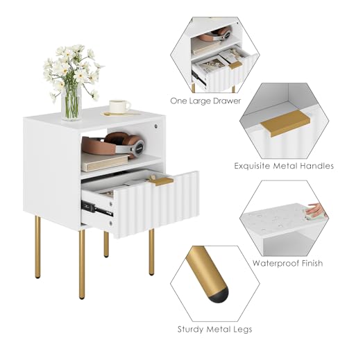 AEPOALUA Night Stand,Modern Bedside Table with Drawer and Shelf,White Night Stand with Gold Frame,Small Side Table for Bedroom,Living Room AEPOALUA