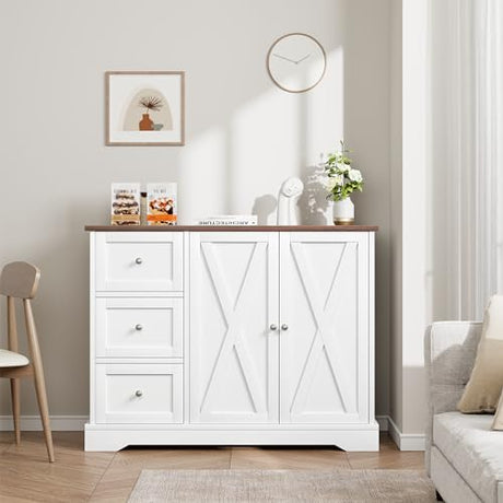 Garvee Buffet Cabinet with Drawers, 42" Large Sideboard Buffet Storage Cabinet with Shelves and Doors, Modern Farmhouse Coffee Bar Station Wood Kitchen Table for Kitchen, Dining Room, White Garvee