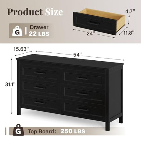 YESHOMY Black Dresser for Bedroom, Wooden 6 Drawer Dresser, Closet Storage Organizer Chest of Drawers for Living Room, Hallway, Closet YESHOMY