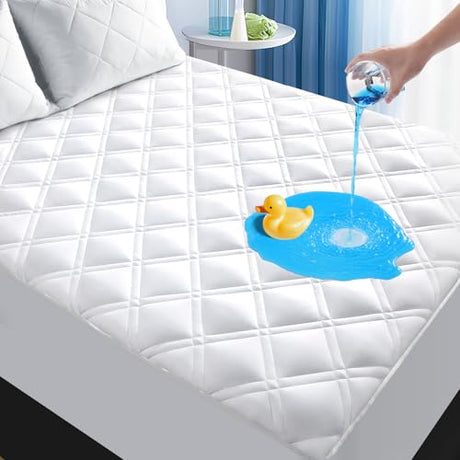 MEELUS Padded Queen Mattress Protector, Breathable Waterproof Mattress Pad Cover Fitted Deep Pocket 8"-21", Soft Noiseless Mattress Cover Washable Cooling for Home Hotel Bedroom, White MEELUS