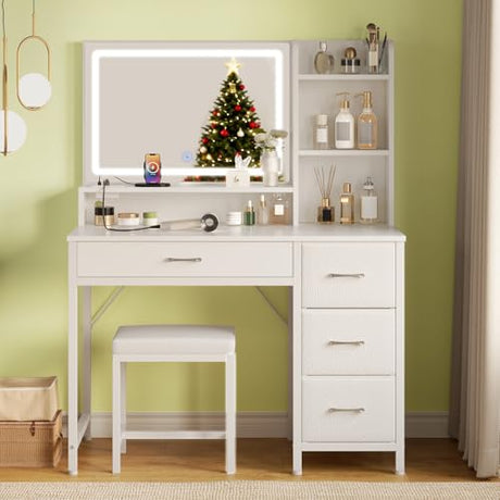 Greenstell Vanity Desk with Mirror and Lights, Makeup Vanity Table with Upholstered Stool, 4 Drawers & 3 Storage Shelves, Power Outlet, 3 Adjustable Lighting Modes for Bedroom and Dressing Room, White GREENSTELL
