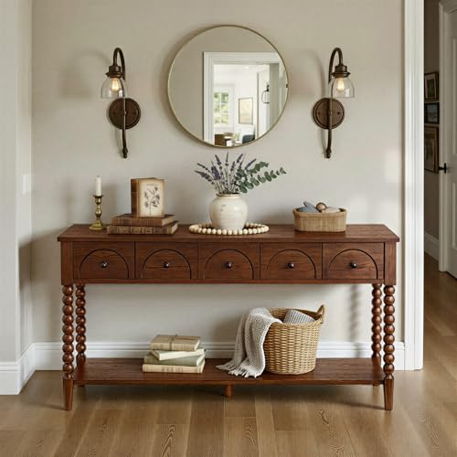 SAND STONE HOME Pembroke 58” Cottage Sofa Console Table with Drawers & Lower Shelf Storage, Narrow Entryway Table or Dining Server with Levelers | Cocoa Brown SAND STONE HOME