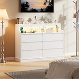Dresser for Bedroom, 6 Drawer Dresser with LED Lights and Charging Station, Wide Chest of 6 Drawers with Open Space, Modern Large Capacity Storage Cabinet, Living Room, Hallway, White GarveeHome