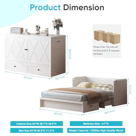 CECER Queen Size Murphy Bed with Tri-Folding Mattress，Murphy Bed with Charging Station and Two Large Storage Drawers for Small Spaces/Bedroom（White）-Mattress Include CECER