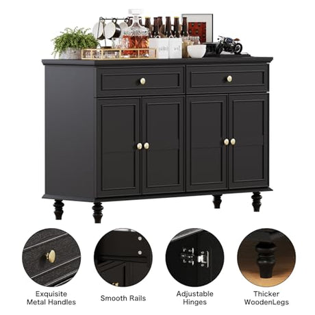 PROXRACER 47.6" Buffet Sideboard with 2 Drawers and 4 Doors, Wooden Kitchen Storage Cabinet with Adjustable Shelves, Rustic Top Console Table for Dining Room, Kitchen, or Entryway,Black PROXRACER