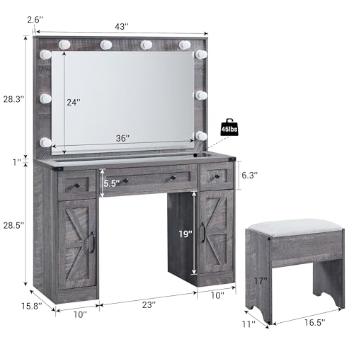 JXQTLINGMU Farmhouse Makeup Vanity Desk with Mirror and Lights, 43'' Glass Tabletop Vanity Table with 3 Drawers & Shelves, Rustic Large Vanity Set for Bedroom, Stool Included, Grey JXQTLINGMU