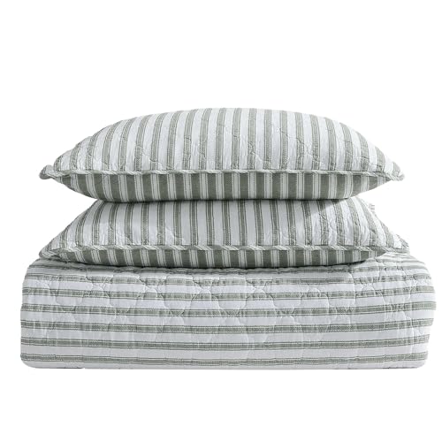 Stone Cottage - Twin Quilt Set, Reversible Cotton Bedding with Matching Shams, Striped Ideal Bedding Set (Willow Way Green, Twin) Stone Cottage