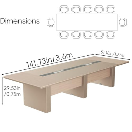 SNKBOAT Conference Table for 12 People, 141.73 in Long Business Tables, Large Rectangle Meeting Seminar Table, Training Table with Thickened Top,2Two Grommets, for Home Office, Studio, Business SNKBOAT