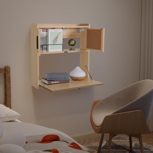 ARTETHYS Wall Mounted Desk with LED Light Multifunctional Fold Down Laptop Computer Table Writing Workstation with Storage Compartments Space Saving for Home Office Wood Color ARTETHYS