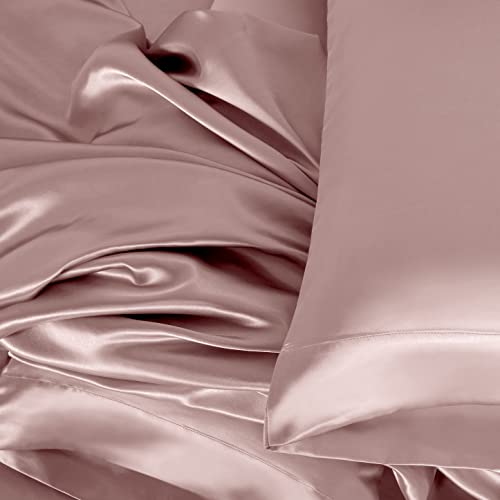 Homiest 4pcs Satin Sheets Set Luxury Silky Satin Bedding Set with Deep Pocket, 1 Fitted Sheet + 1 Flat Sheet + 2 Pillowcases (Queen Size, Rose Gold) Homiest