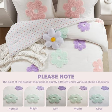 Intelligent Design Kids Full Comforter Set for Girls, Tufted Chenille Floral Comforter Set Queen, Lightweight Polka Dot Reversible Bed Set, Shams, Pillow, Gracie, Full/Queen White/Purple 4 Piece Intelligent Design