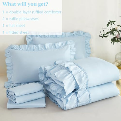 ANGIYUIN 5Pcs Queen Ruffle Comforter Sets Light Blue Double-Layer Ruffled Bedding Sets Vintage Farmhouse Bed Sets Solid Elegance Ruched Bed in A Bag for Women(Light Blue Queen) ANGIYUIN
