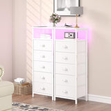 sthmec Nightstand with Charging Station,LED White Nightstands with 5 Fabric Drawers PU Finish, Bedside End Tables, 2-Tier Open Storage Shelf Side Table Nightstand with Drawers for Bedroom,White sthmec