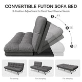 Vipbear Convertible Futon Sofa Bed,Grey Linen Futon Couch with Detachable Cushion,Adjustable Backrest & Armrest,Modern Small Recliner Loveseat Sleeper Couch for Living Room,Office,Apartment Vipbear
