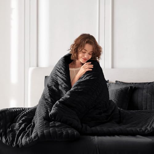 MUXHOMO 7 Pieces Full Comforter Set, Seersucker Bed in a Bag Full Size, All Season Luxury Bedding Set with Comforter, Flat Sheet, Fitted Sheet, Pillowcases & Shams, Black MUXHOMO