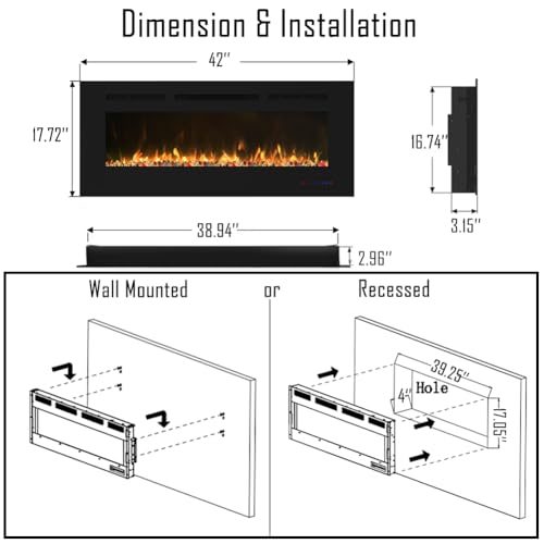 Cheerway 42 inch Electric Fireplace with Heater, Wall Mounted & Recessed Electric Fireplace Insert, Linear Wall Fireplace w/Thermostat, 13×13 Flame Color, Remote & Touch Control w/Timer, 750W/1500W Cheerway