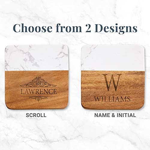 Let’s Make Memories Personalized Elegant Marble Wood Coasters - Housewarming Gift - Set of 4 - Each 4” Square - Customized with Name and Initial - WoodArtSupply