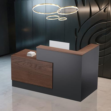 Easilywinlife 70.87IN Modern Wooden Commercial L Shaped Reception Desk with Counter, Lockable Drawers, Door Cabinet, Front Desk for Checkout, Lobby, Beauty Salon, Walnut, Right Cabinet Easilywinlife
