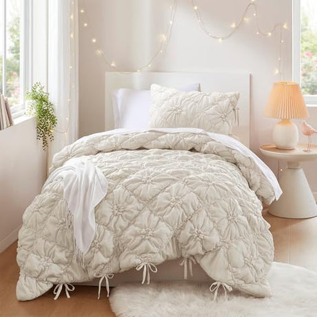 Intelligent Design Twin Comforter Set – Ivory Lily Puffy Floral Shabby Chic Boho Bedding for Girls, Ultra-Soft, Lightweight & All-Season, Twin Intelligent Design