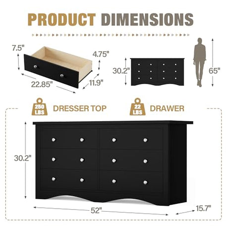 YESHOMY Dresser for Bedroom with 6 Drawers, Modern Chest of Drawers, Wooden Dressers, TV Stand for Living Room,Closet, Hallway (Black) YESHOMY