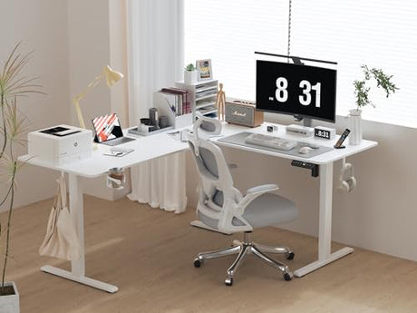 WALKINGDESK 55X45 Inches Reversible L Shaped Standing Desk Height Adjustable with Cup Holder, Electric Corner Computer Desk, Sit Stand up Home Office Desk, Ergonomic Gaming Desk, White WALKINGDESK