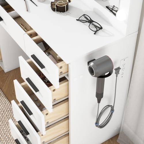 Panana Vanity Desk Set Large Mirror and Lights, Makeup Table with 11 Drawers, Power Outlet, Storage Cushioned Stool, 3 Lighting Modes, Dressing Table for Bedroom Dressing Room (White) Panana