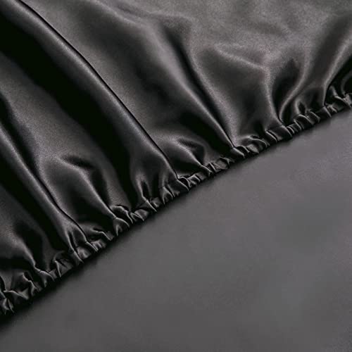 P Pothuiny Satin Fitted Sheet Twin XL Size, 1 Single Fitted Sheet Only, Extra Soft Deep Pocket Bottom Bed Sheets Mattress Cover Fits 12" to 16", Wrinkle Free, Fully Elasticized (Black) P Pothuiny