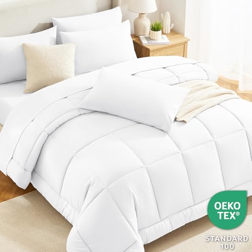 CozyLux Full Size Comforter Sets White, 7 Pieces Bed in a Bag, White Comforter Full Size, All Season Bedding Sets with Stitch Quilted Comforter, Flat Sheet, Fitted Sheet, Pillowcases CozyLux