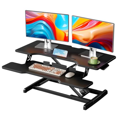 JYLH JOYSEEKER 35" Standing Desk Converter, Height Adjustable Desktop Riser with Keyboard Tray for Two Monitors, Sit to Stand up Computer Workstation for Home Office, Black JYLH JOYSEEKER