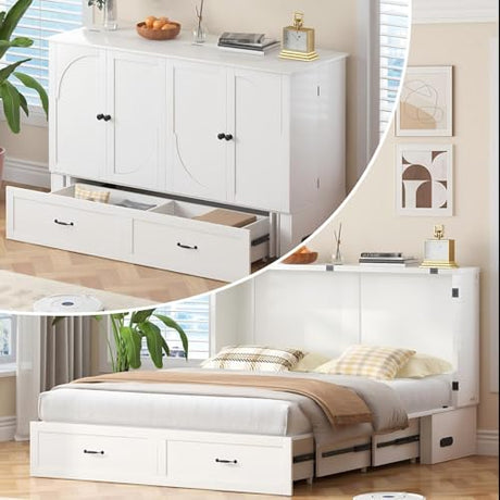Mjkone Queen Size Murphy Bed Cabinet with Drawers & Tri-Folding Mattress, Modern Multifunctional Guest Chest Cabinet Wall Bed with USB Charging Station for Bedroom Living Room Apartment - White Mjkone