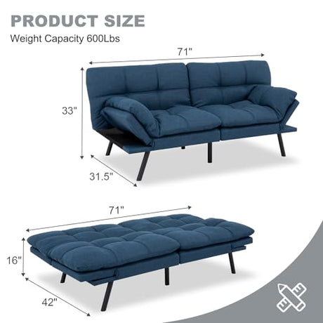 MUUEGM Futon Sofa Bed Convertible Couch,Memory Foam Futon Sofa Couch,Sleeper Futons Sofa Couches,Small Splitback Modern Loveseat Sofa Bed for Living Room,Office,Apartment,Linen Fabric,Blue. MUUEGM
