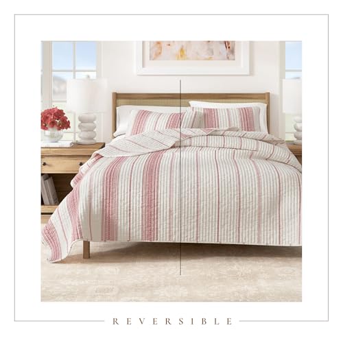 Great Bay Home Twin/Twin XL Reversible Quilt Bedding Set - All Season, Modern, Lightweight Bedspreads - Red Striped Coverlets (Includes 1 Quilt, 1 Pillow Sham) Great Bay Home