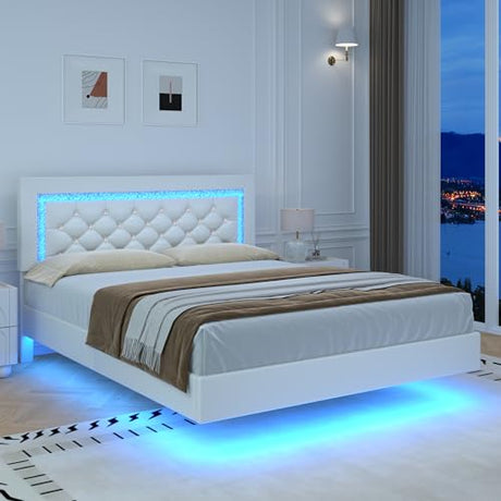 BarnFurin Floating Bed Frame with LED Lights, Upholstered Platform Bed with Diamond Tufted Headboard (White, Full) BarnFurin