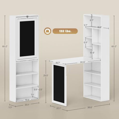 Zentrava Foldable Wall Mounted Desk with Storage Shelves, Fold Out Convertible Computer Table with Blackboard, Folding Writing Table Workstation for Small Spaces,Home Office (White) Zentrava
