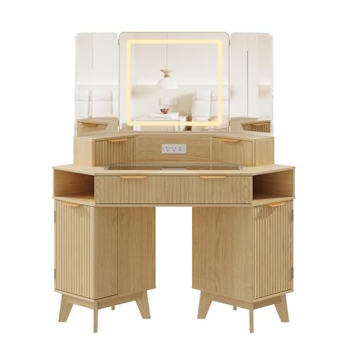 GarveeHome 48 in Fluted Makeup Vanity Desk, Large Lighted Corner Vanity with HD Triple Mirror and Lights, Dressing Table with Glass Top & Charging Station for Bedroom GarveeHome