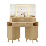 GarveeHome 48 in Fluted Makeup Vanity Desk, Large Lighted Corner Vanity with HD Triple Mirror and Lights, Dressing Table with Glass Top & Charging Station for Bedroom GarveeHome