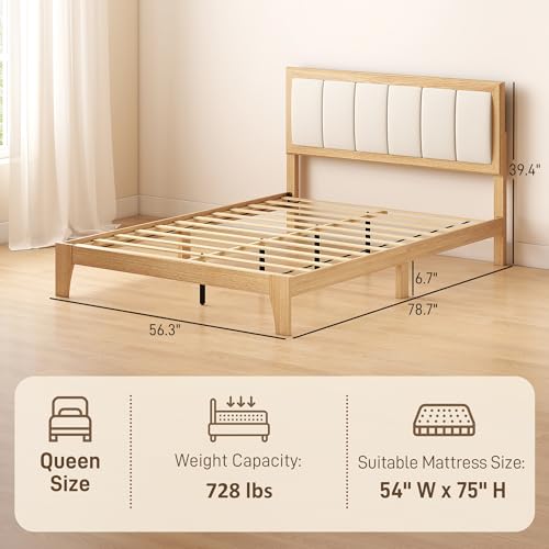 HOMCOM Full Size Bed Frame with Upholstered Headboard, Platform Bed Frame with Wooden Slats, No Box Spring Needed, Easy Assembly, Natural HOMCOM