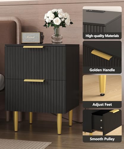 Akxomel Black Nightstand Set of 2, Fluted Night Stand with Charging Station, 13.8" D x 15" W x 23.2" H, 2 Drawers Modern Bedside Table with USB Ports and Outlets, Golden Side Table for Bedroom Akxomel