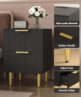 Akxomel Black Nightstand Set of 2, Fluted Night Stand with Charging Station, 13.8" D x 15" W x 23.2" H, 2 Drawers Modern Bedside Table with USB Ports and Outlets, Golden Side Table for Bedroom Akxomel