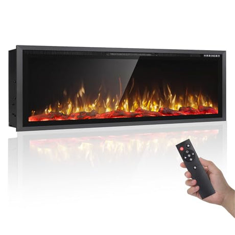 PRETZI 60" Electric Fireplace Ultra Narrow Aluminum Frame & Wide Screen, Electric Fireplace Inserts/Wall Mounted with Heater, Adjustable Flame Color and Brightness, Remote Control/Timer, 750/1500w PRETZI