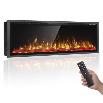 PRETZI 60" Electric Fireplace Ultra Narrow Aluminum Frame & Wide Screen, Electric Fireplace Inserts/Wall Mounted with Heater, Adjustable Flame Color and Brightness, Remote Control/Timer, 750/1500w