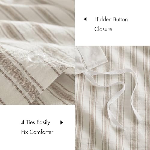 Madison Park Duvet Cover Set for Hot Sleepers - Linen Cotton Rayon Blend, Queen Size 3 Piece Set with Shams - Lightweight & Breathable Bedding, Tan Striped Design Madison Park