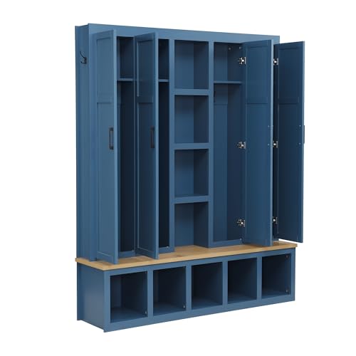 Ball & Cast 62.9" Farmhouse Hall Tree with Bench,4-in-1 Coat Rack W/Display Shelf,4 Storage Unit and 5 Shoe Cabinet,Entryway Cabinet W/ 6 Hanging Hookers,for Hallway,Living Room,Mudroom,Blue Ball & Cast