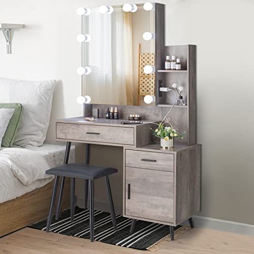 VINGLI Vanity Desk with Sliding Mirror & Lights & Charging Station & Drawers & Shelves & Door, Farmhouse Modern Makeup Vanity Set with Stool (Rustic Gray, 39'' x 16'' x 63'', Bench Included) VINGLI