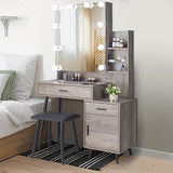 VINGLI Vanity Desk with Sliding Mirror & Lights & Charging Station & Drawers & Shelves & Door, Farmhouse Modern Makeup Vanity Set with Stool (Rustic Gray, 39'' x 16'' x 63'', Bench Included) VINGLI