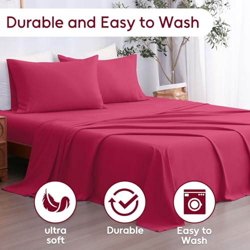 LONAVA Full Sheet Set 4 Pieces,Magenta Red Ultra Soft & Breathable Microbifer Sheets, 1600 Thread Count Hotel Luxury Oeko-Tex Bed Sheets, 14-16 Inch Deep Pocket Durable Wrinkle Free Sheets LONAVA